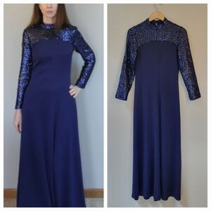 VTG 70s Maxi Evening Dress Fits XS/S Navy Sequins Long Sleeve Glam Polyester